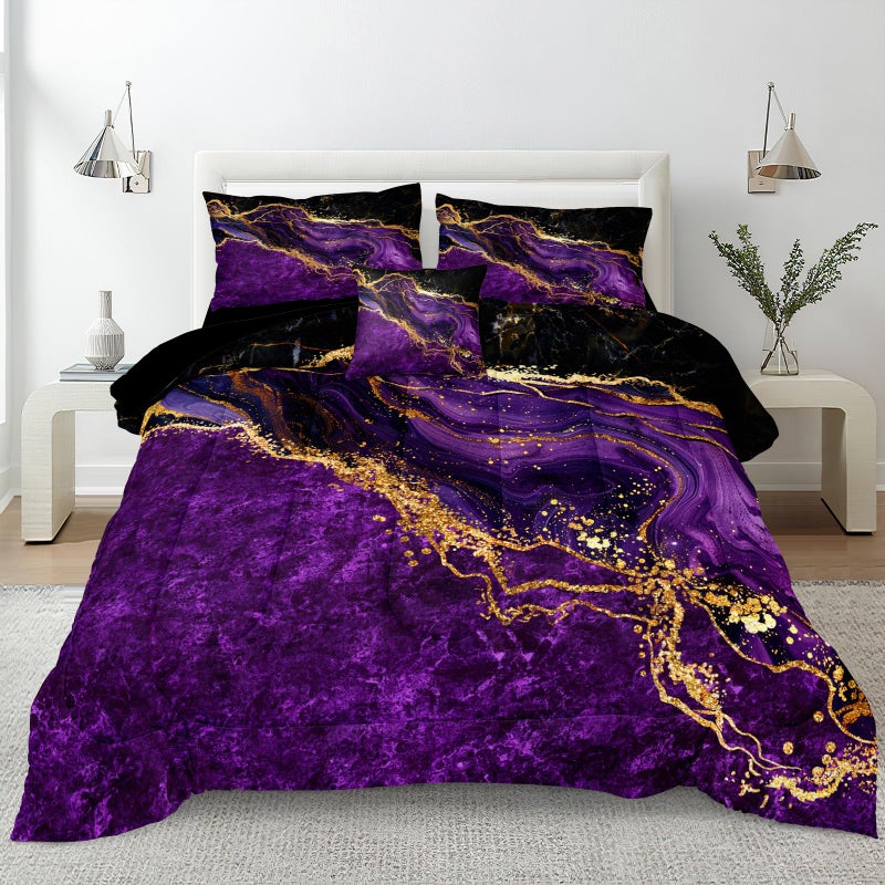 Bedorm Black Gold Comforter Set Purple Marble Bedding Set King Size Black Marble Stone Abstract Artwork Bedroom Decor Black Marble Comforter Sets for All Season - Image 1