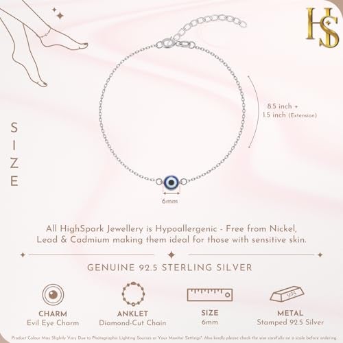 HighSpark 925 Silver Evil Eye Anklet | (1PC) Adjustable Contemporary Style & Stunning Shine | Lovely Gift - Evil Eye Dark - Image 2