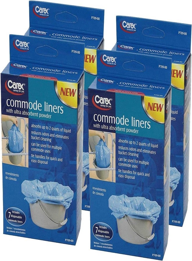 Carex Commode Liners, 28 Liners - Fits Most Commodes, with Absorbent Powder, Holds 2 Quarts Liquid, Disposable 7 Toilet Liners/Box, Pack of 4 - Image 1