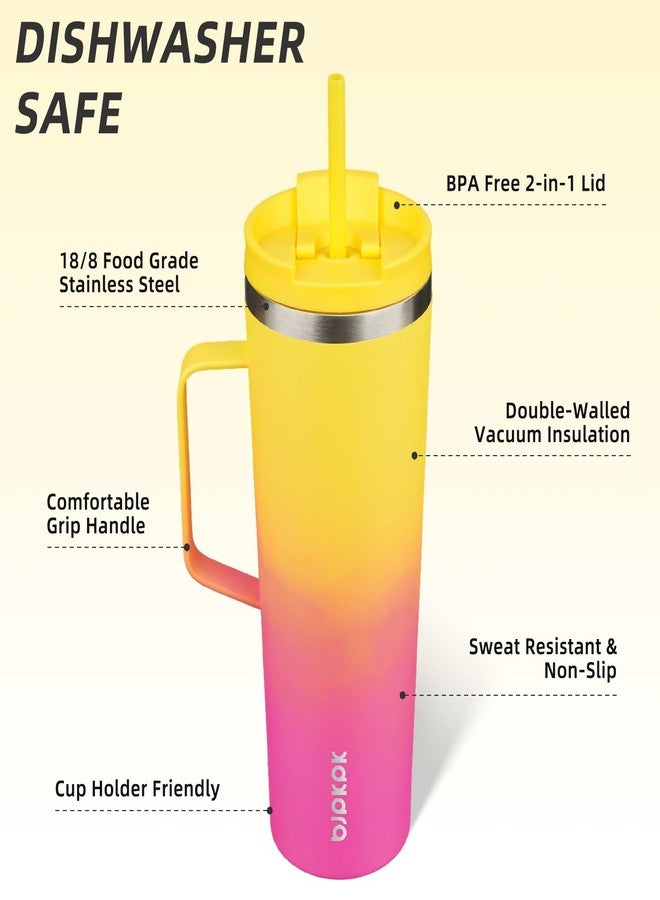 BJPKPK Insulated Tumbler with Handle, 30oz Insulated Tumblers with Lid and Straw, Stainless Steel Metal Water Bottles, Coffee Travel Mugs, Cups, Pink & Yellow Rose - Image 2