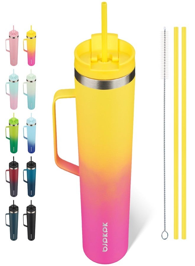 BJPKPK Insulated Tumbler with Handle, 30oz Insulated Tumblers with Lid and Straw, Stainless Steel Metal Water Bottles, Coffee Travel Mugs, Cups, Pink & Yellow Rose - Image 1
