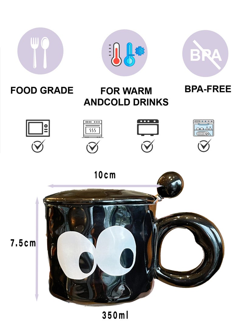 400Ml Black  Ceramic Mug With Lid And Spoon, Gift - Boxed - Adorable Design For Gifting & Daily Use - Image 2