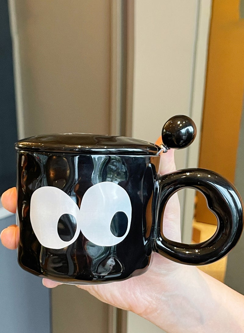 400Ml Black  Ceramic Mug With Lid And Spoon, Gift - Boxed - Adorable Design For Gifting & Daily Use - Image 3
