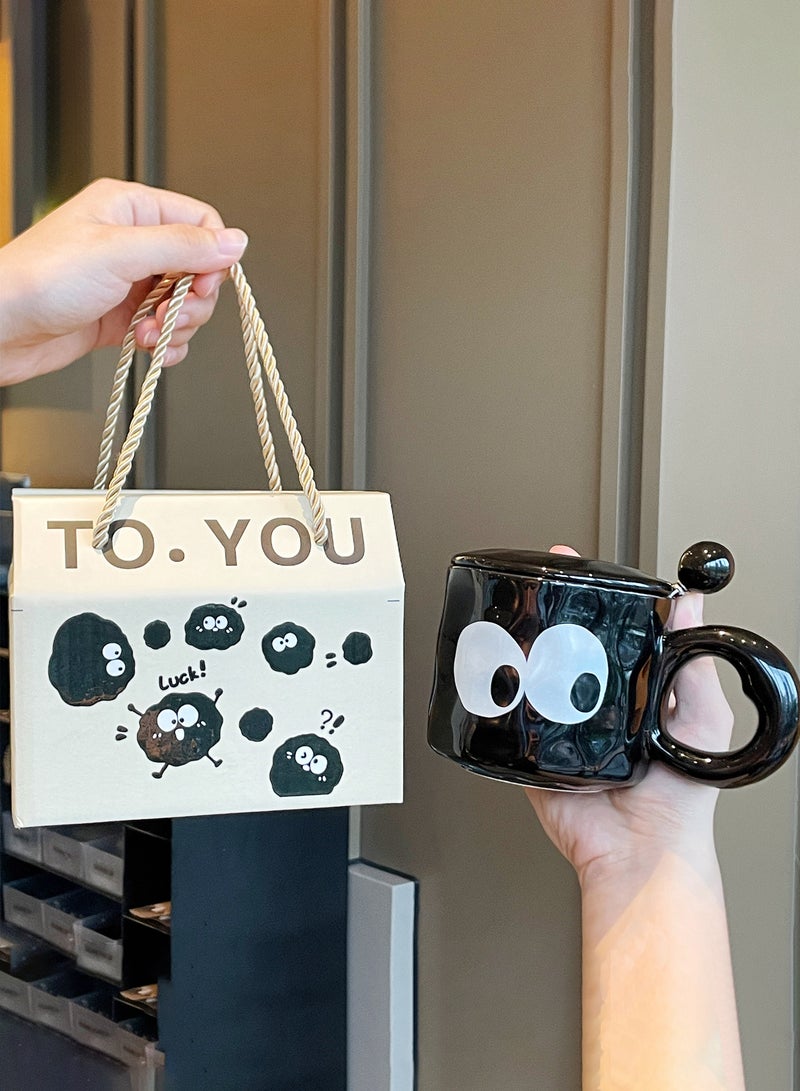 400Ml Black  Ceramic Mug With Lid And Spoon, Gift - Boxed - Adorable Design For Gifting & Daily Use - Image 1