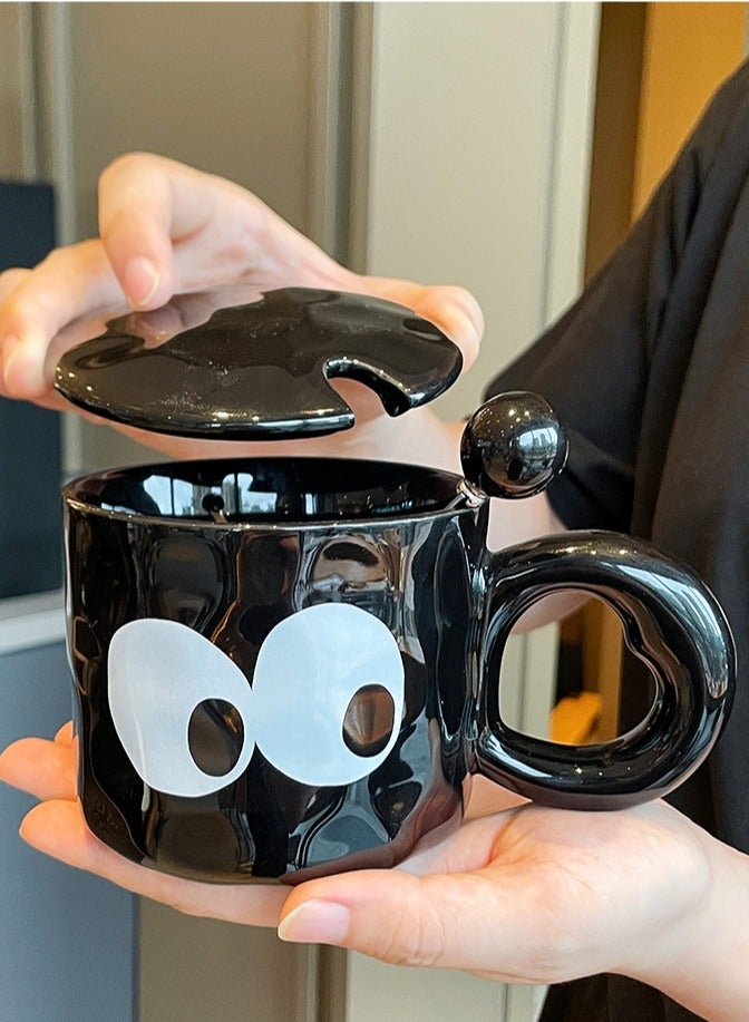 400Ml Black  Ceramic Mug With Lid And Spoon, Gift - Boxed - Adorable Design For Gifting & Daily Use - Image 4