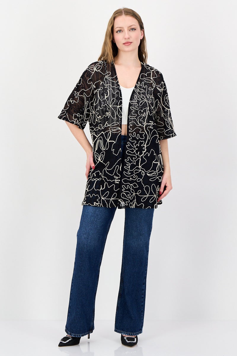 bebe Women Open Front Embroidered Short Sleeve Top, Multicolor - Image 3