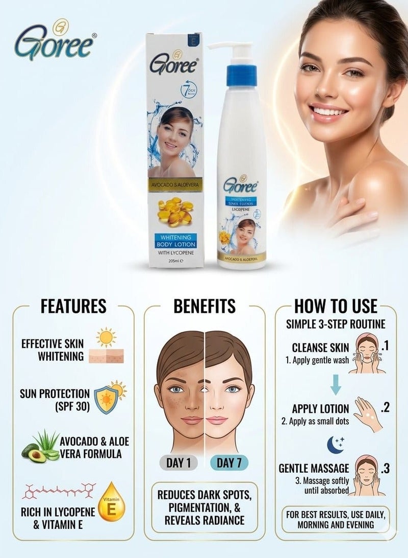 Goree Whitening Body Lotion with Lycopene Avocado & Aloevera 205ml - Image 2