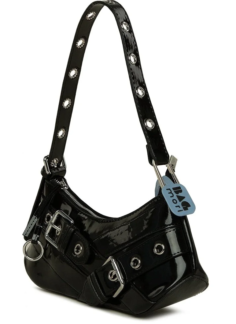Bagmori Black Patent Leather Baguette Bag with Belt Accessory and Strap Detail