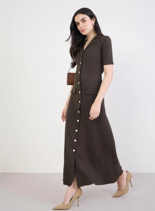 Styli Brown Button-Front Maxi Dress