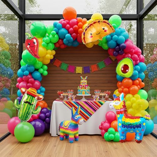 yeewaka Fiesta themed balloon garland kit 150pcs Mexican Fiesta Party Decorations Arch With Cactus Llama Taco Avocado Chili Pepper Mylar Balloons for carnival Birthday Cinco De Mayo Taco Party Supplies - Image 1