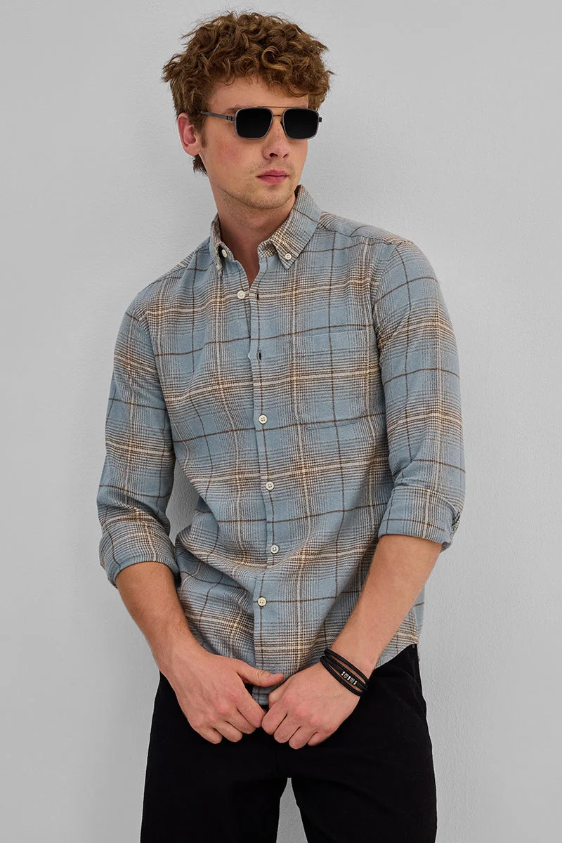 سنيتش Light Blue Checkered Long Sleeve Slim Fit Casual Shirt