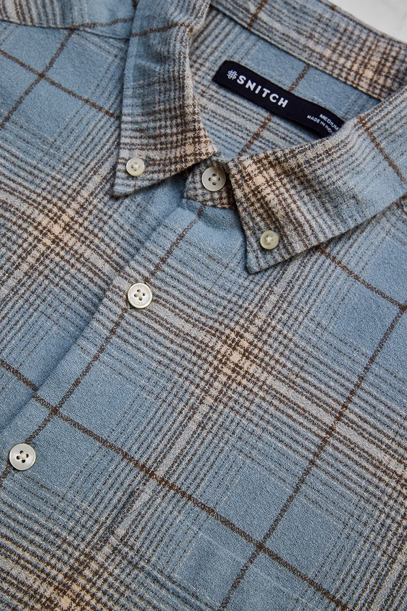 سنيتش Light Blue Checkered Long Sleeve Slim Fit Casual Shirt