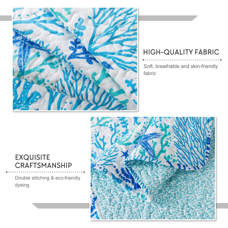 Travan Coastal Quilt Summer & All Season Lightweight Beach Quilt Bedding Set, Blue Coral Queen - Image 4