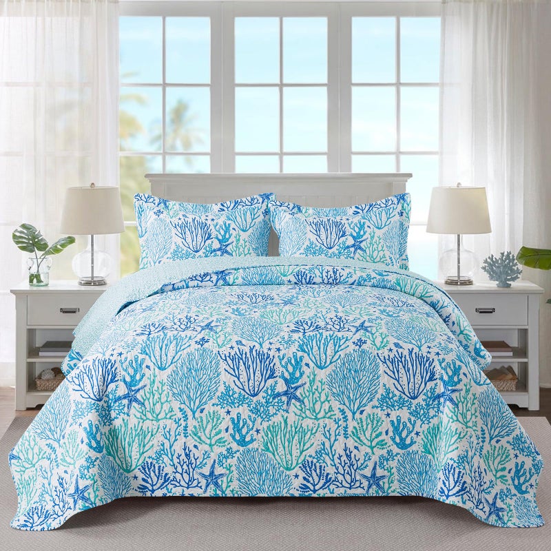 Travan Coastal Quilt Summer & All Season Lightweight Beach Quilt Bedding Set, Blue Coral Queen - Image 1