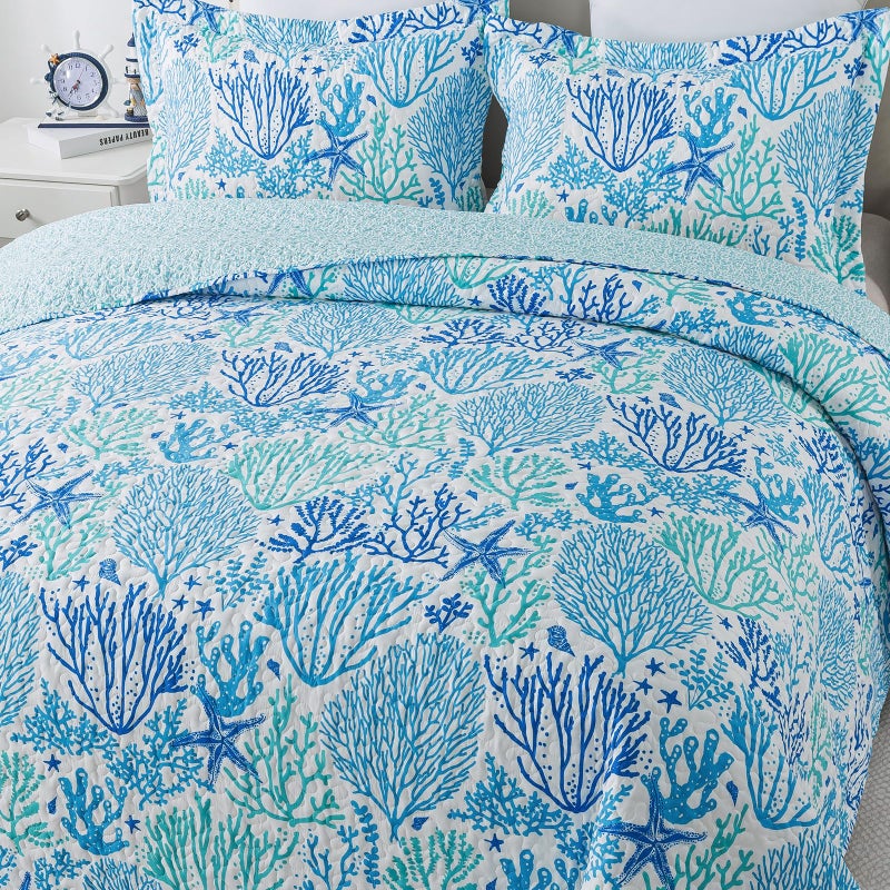 Travan Coastal Quilt Summer & All Season Lightweight Beach Quilt Bedding Set, Blue Coral Queen - Image 3