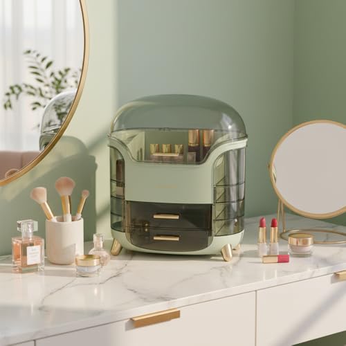 Qshare Makeup Organizer With Drawers & Dome Lid - Multi-Layer Makeup Storage Box With Golden Legs - Use For Dressing Table, Vanity Table & Parlour - Skincare & Jewelry Holder For Women & Girls (Green) - Image 1