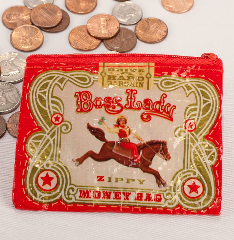 Blue Q Coin Purse, Boss Lady. Made from 95% recycled material, the ultimate little zipper bag to corral cash, credit cards, ear buds, gift cards, stamps, coins. 3"h x 4"w. - Image 3