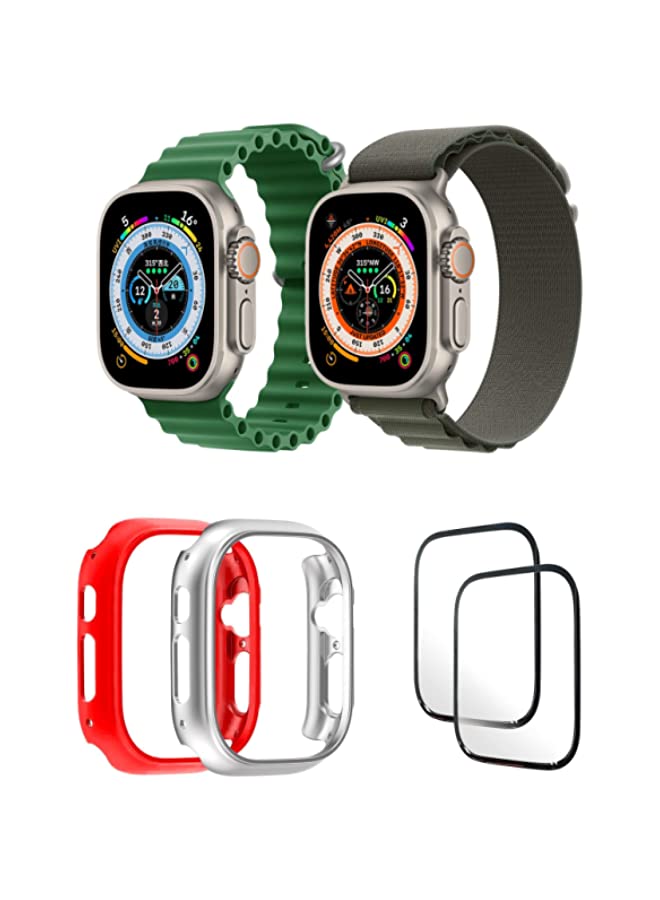 IAF Silicone Ocean Band Strap for iWatch Ultra 8 49mm,Nylon G-hook Loop Buckle Watch Strap, 49mm Green/Dark Green , Case Compatible with iWatch Ultra 49mm Red/Silver ,2* pcs Watch glass Set of 6