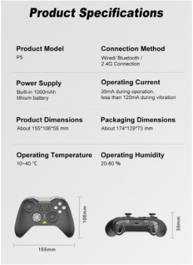 Classic amepad PXN P5 Bluetooth Gaming Controller 2.4G Receiver 0 Deadzone One-Button Wake Up 1000Hz Hall Effect Joystick 256 Level Hall Effect Trigger 1000mAh Battery 6-Axis Gyroscope for Steam / Switch / PC / Android / iOS