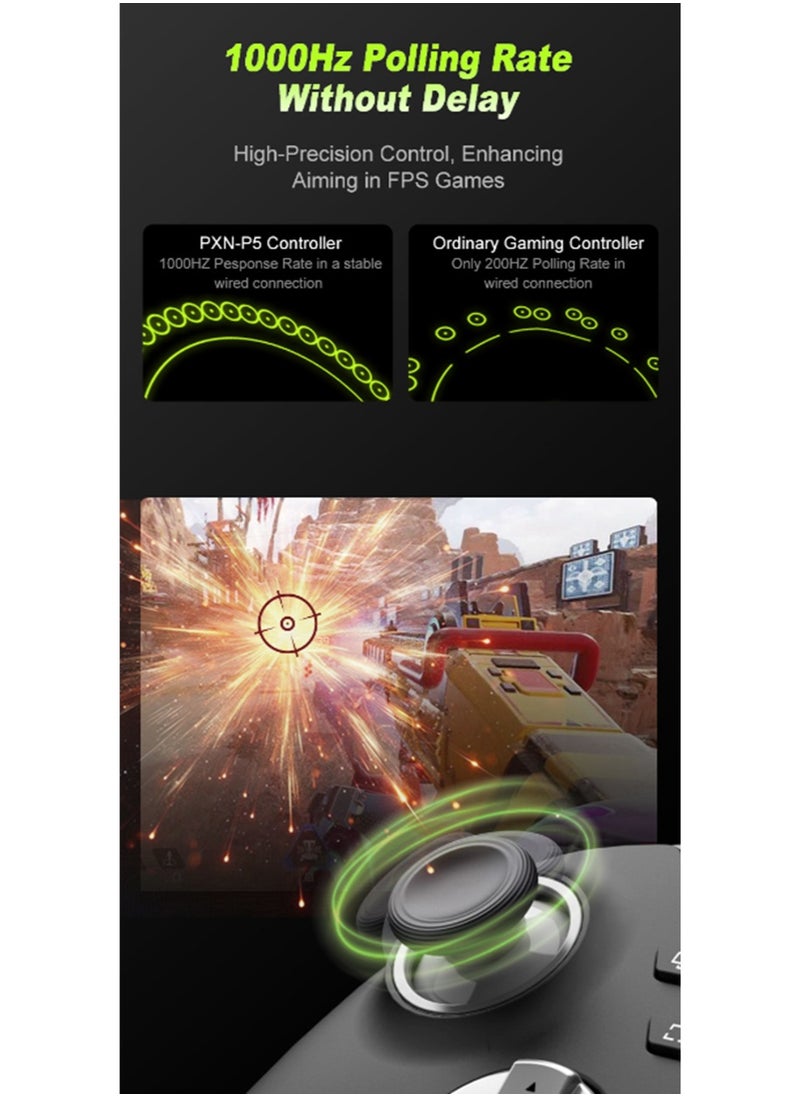 Classic amepad PXN P5 Bluetooth Gaming Controller 2.4G Receiver 0 Deadzone One-Button Wake Up 1000Hz Hall Effect Joystick 256 Level Hall Effect Trigger 1000mAh Battery 6-Axis Gyroscope for Steam / Switch / PC / Android / iOS