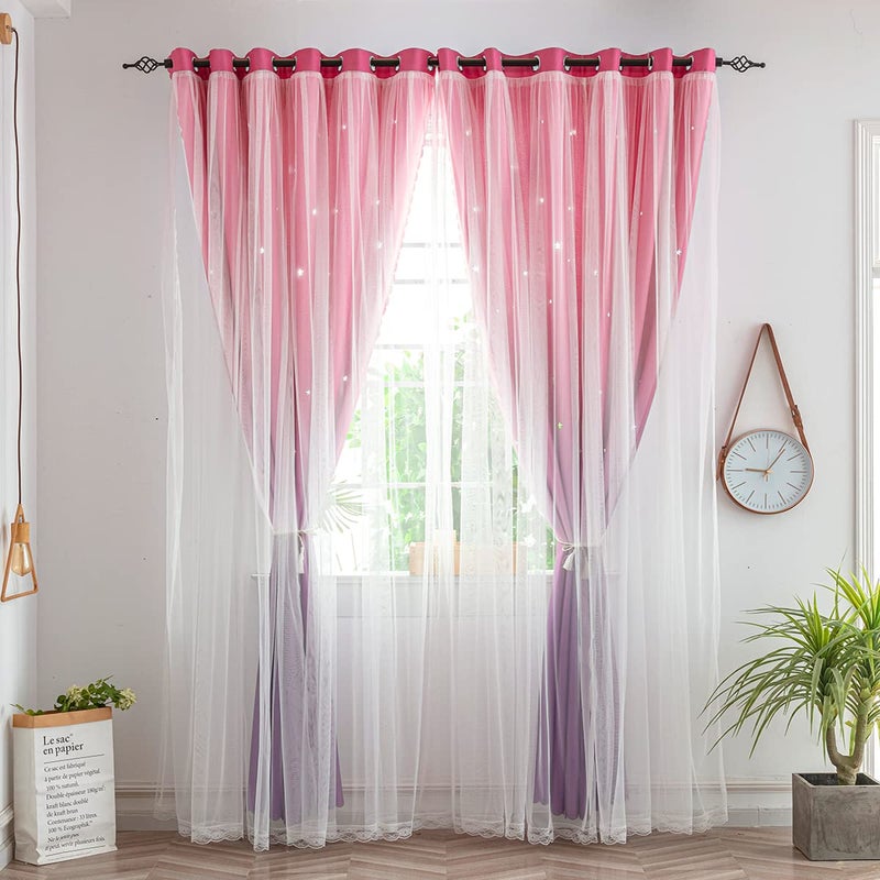 Yancorp Kids Curtains for Girls Bedroom Princess Curtains for Daughter Room 63 Inches Long Star Curtains with Tieback & 3 Bowties(Pink Purple,W52*L63),1 Panel - Image 3