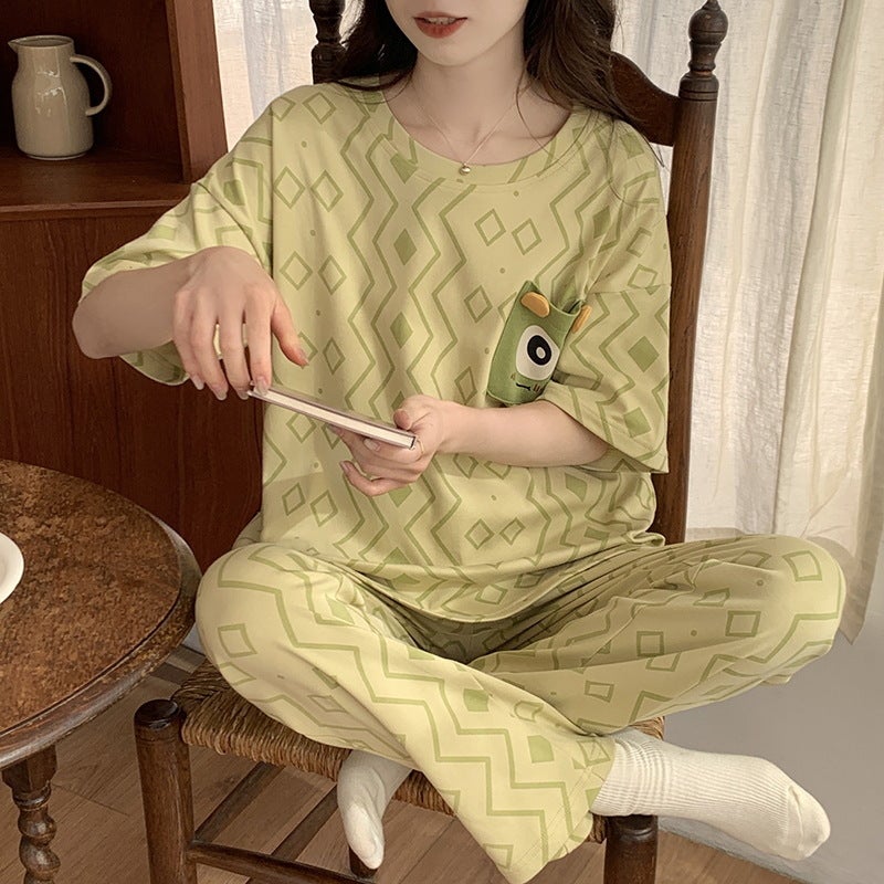 Pajamas womens summer cotton high quality short-sleeved trousers pullover striped cartoon sweet female student casual home wearHMF-33503 HMF-33503