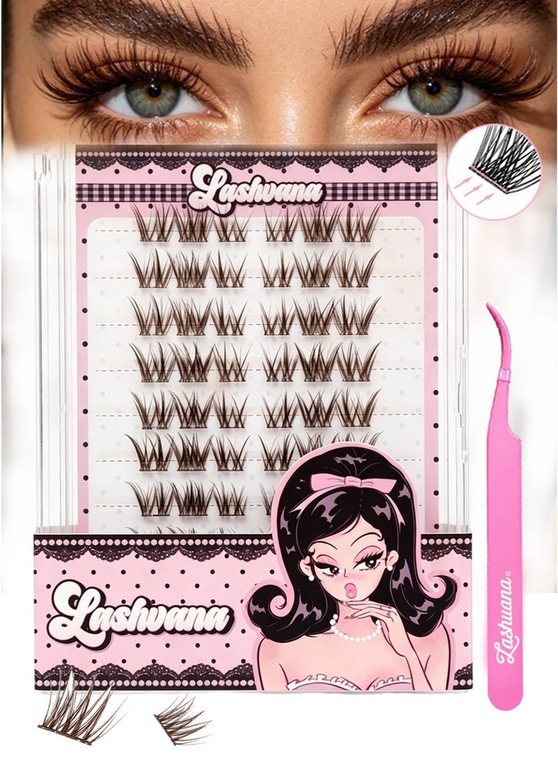 lashvana Self Adhesive False Eyelashes Clusters Kit,Light Brown Natural Style Glue-Free Lashes, Pre Glued Wispy Lashes Kit With Tweezers For Beginners, Press On Glueless Individual Lashes DIY Eyelashes. - Image 1