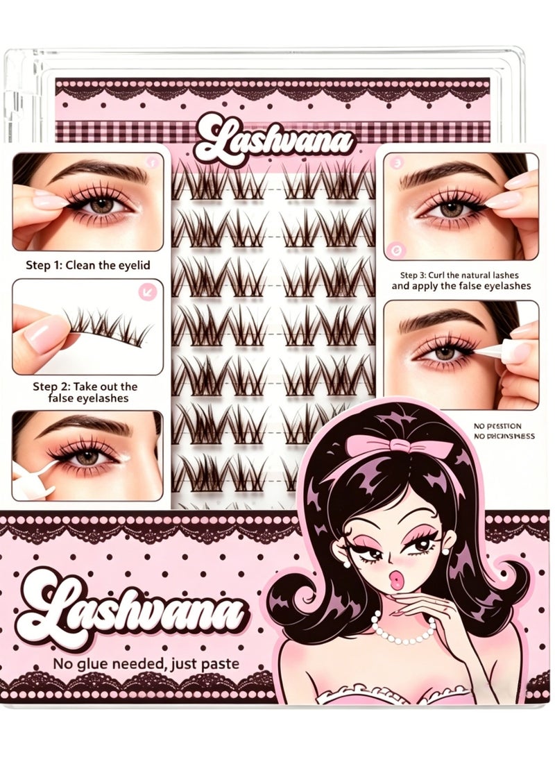 lashvana Self Adhesive False Eyelashes Clusters Kit,Light Brown Natural Style Glue-Free Lashes, Pre Glued Wispy Lashes Kit With Tweezers For Beginners, Press On Glueless Individual Lashes DIY Eyelashes. - Image 3