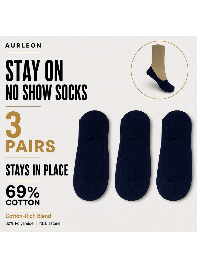 Aurleon Stay-On Cotton No-Show Liner Socks – 3 Pack – Silicone Heel Grip - Image 1