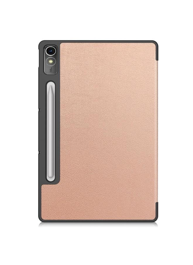 جرين تايجر - Lenovo Tab P12 Xiaoxin Pad Pro 12.7 بوصة Custer بلون سادة 3 أضعاف حافظة جلدية للتابلت ذهبي وردي - Image 1
