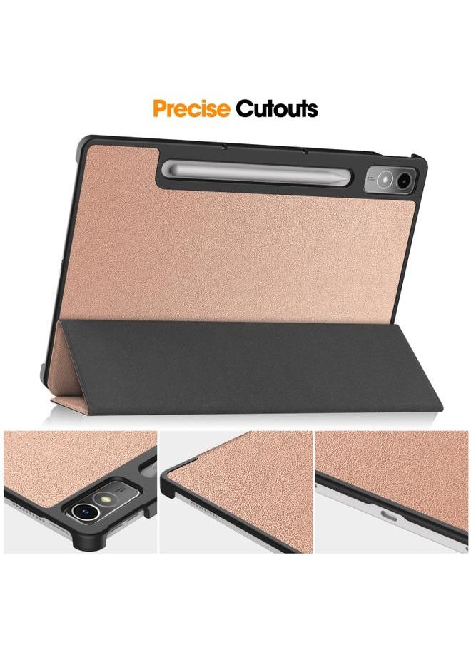 جرين تايجر - Lenovo Tab P12 Xiaoxin Pad Pro 12.7 بوصة Custer بلون سادة 3 أضعاف حافظة جلدية للتابلت ذهبي وردي - Image 1