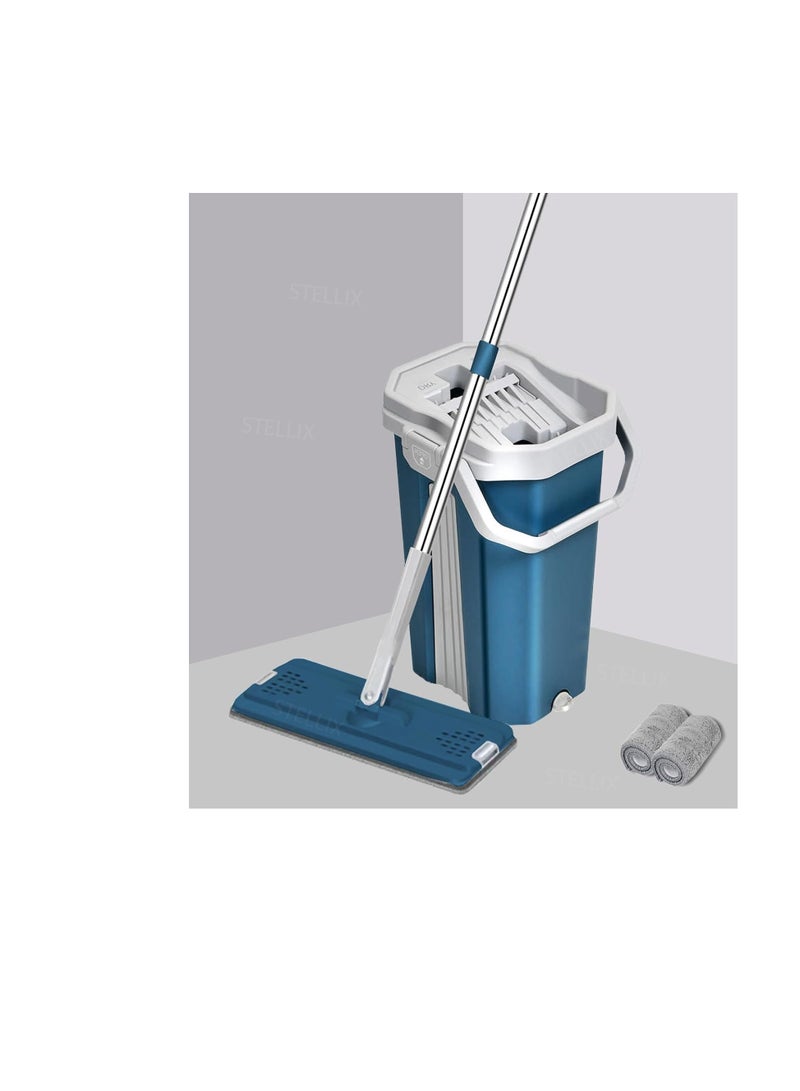 Mob Floor Mop with Bucket | Flat Mop with Telescopic Wand for Floor Cleaning | Wet and Dry Operation with Self-Cleaning System | Equipped with 2 Steelex Microfiber Pads | Blue, Size L - Image 1