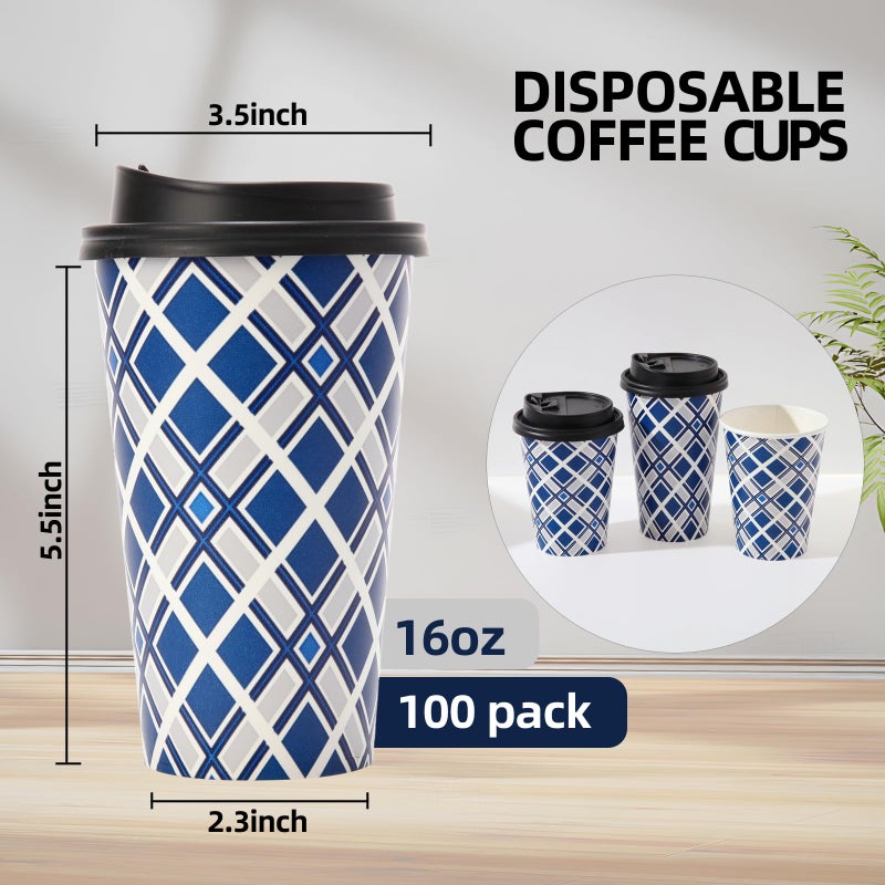 Tamone 100 PACK 16OZ Disposable Coffee Cups with Lids  To Go Coffee Cups with Lids Leak Proof  Blue Paper Cups Lattice Design for Cold/Hot Coffee Beverage Chocolate Cocoa for Home Office - Image 2