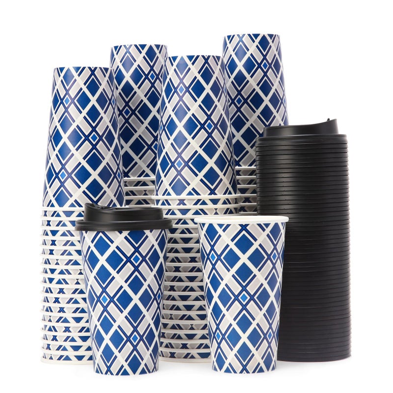 Tamone 100 PACK 16OZ Disposable Coffee Cups with Lids  To Go Coffee Cups with Lids Leak Proof  Blue Paper Cups Lattice Design for Cold/Hot Coffee Beverage Chocolate Cocoa for Home Office - Image 1