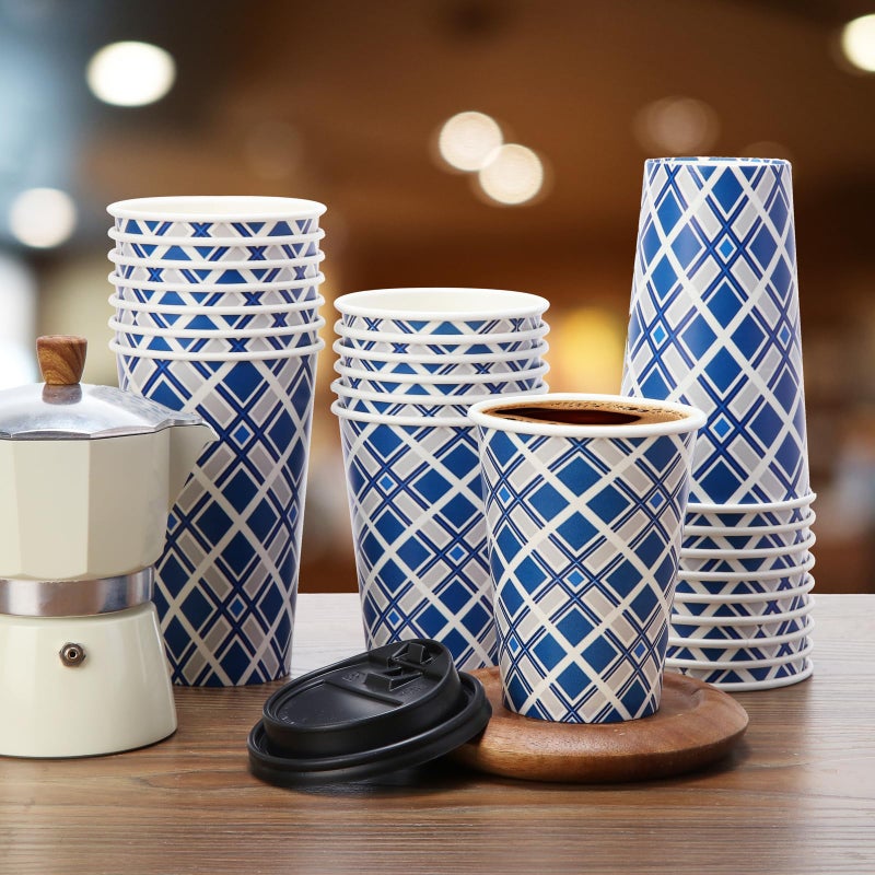 Tamone 100 PACK 16OZ Disposable Coffee Cups with Lids  To Go Coffee Cups with Lids Leak Proof  Blue Paper Cups Lattice Design for Cold/Hot Coffee Beverage Chocolate Cocoa for Home Office - Image 5