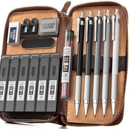 Nicpro 17PCS Metal 2mm Mechanical Pencil Set in Leather Case 5 PCS 20 mm Lead Pencil Holders 4B 2B HB 2H 4H 6 Tube Black Colored Lead Refills Erasers Sharpener For Art Drafting Sketching Drawing - Image 1