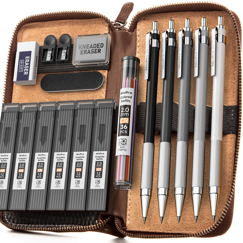 Nicpro 17PCS Metal 2mm Mechanical Pencil Set in Leather Case 5 PCS 20 mm Lead Pencil Holders 4B 2B HB 2H 4H 6 Tube Black Colored Lead Refills Erasers Sharpener For Art Drafting Sketching Drawing - Image 2