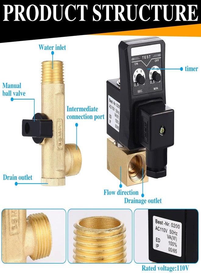 Bonuci Electronic Drain Valve for Air Compressor Ac 110v 1/2" Automatic Timed Water Tank with Braided Steel Hose 1/4 Inch Npt Tank Drain Valve Assembly Kit Elbow Fitting - Image 4