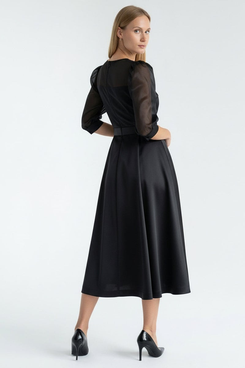 EXQUISE Waist-Fitting Satin Regular Black Midi Dress with Crystal Embellishments - Image 4