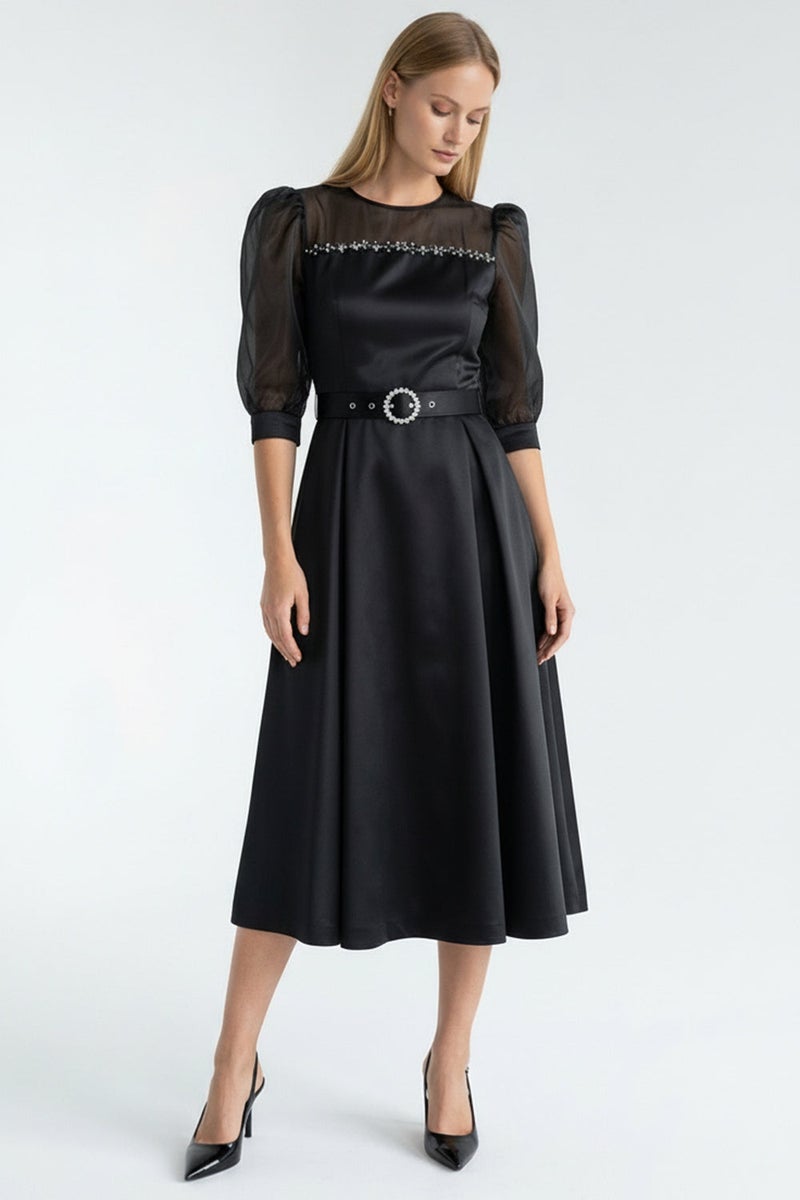 EXQUISE Waist-Fitting Satin Regular Black Midi Dress with Crystal Embellishments - Image 3