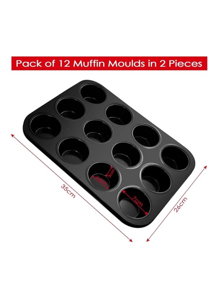 Home zone Set of 2 Cupcake Molds, Non-Stick Coating Carbon Steel Muffins Mould for 12 Reusable Cupcakes for Cupcake, Brownie, Pudding 35 x 26 x 3.5 cm (Black)  - Image 2