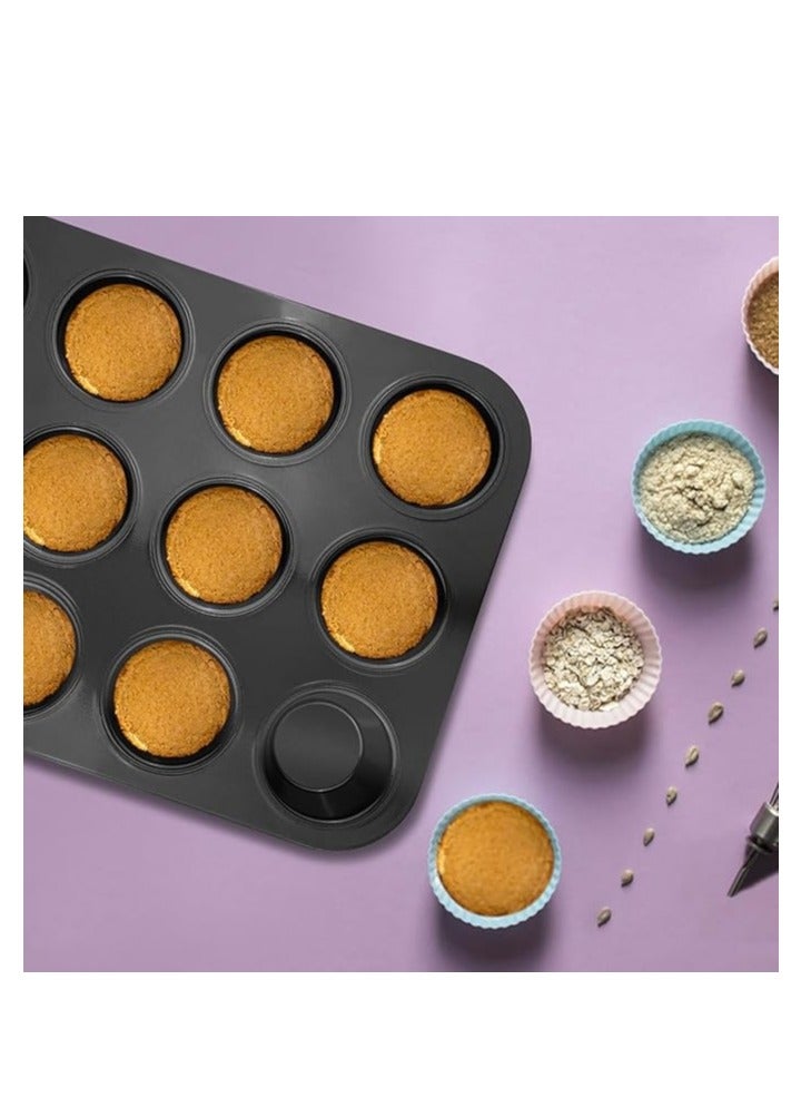 Home zone Set of 2 Cupcake Molds, Non-Stick Coating Carbon Steel Muffins Mould for 12 Reusable Cupcakes for Cupcake, Brownie, Pudding 35 x 26 x 3.5 cm (Black)  - Image 3