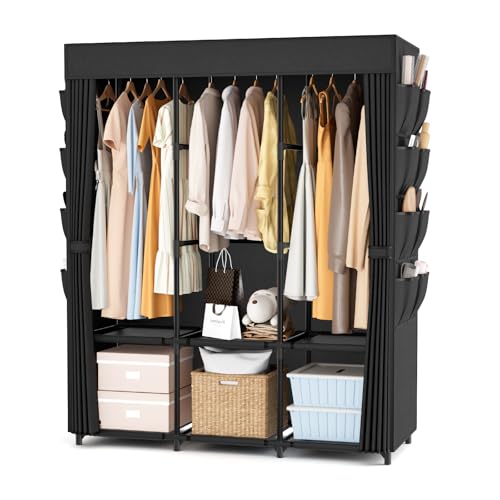 BrFoYu Wardrobe Closet Portable Closets for Hanging Clothes Large Capacity Clothes Rack with Cover, 3 Hanging Rods, 6 Shelves and 8 Pockets, Strong and Stable Free Standing Closet for Bedroom, Black - Image 1