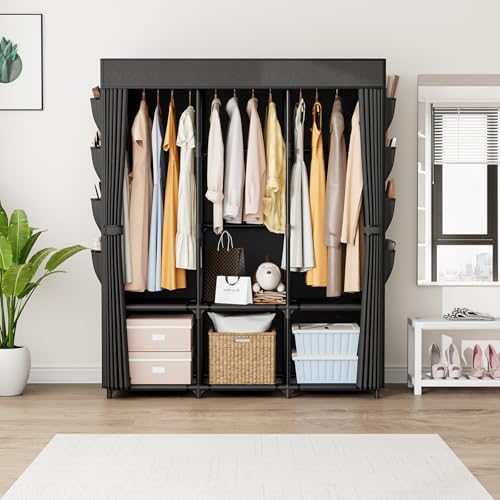 BrFoYu Wardrobe Closet Portable Closets for Hanging Clothes Large Capacity Clothes Rack with Cover, 3 Hanging Rods, 6 Shelves and 8 Pockets, Strong and Stable Free Standing Closet for Bedroom, Black - Image 2