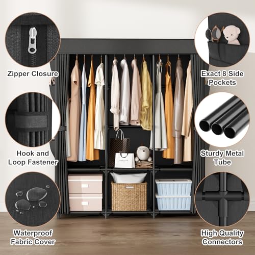 BrFoYu Wardrobe Closet Portable Closets for Hanging Clothes Large Capacity Clothes Rack with Cover, 3 Hanging Rods, 6 Shelves and 8 Pockets, Strong and Stable Free Standing Closet for Bedroom, Black - Image 4