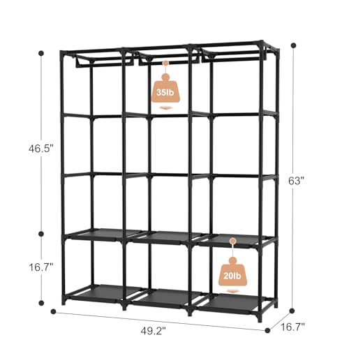 BrFoYu Wardrobe Closet Portable Closets for Hanging Clothes Large Capacity Clothes Rack with Cover, 3 Hanging Rods, 6 Shelves and 8 Pockets, Strong and Stable Free Standing Closet for Bedroom, Black - Image 3