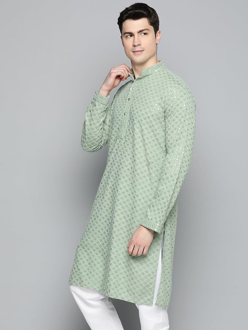 Jompers Men's Chikankari Embroidered and Sequence Kurtas (Pista, S) - Image 3