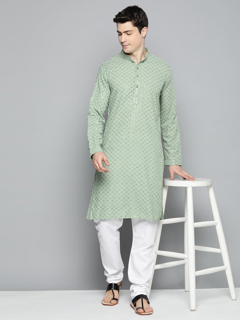 Jompers Men's Chikankari Embroidered and Sequence Kurtas (Pista, S) - Image 4