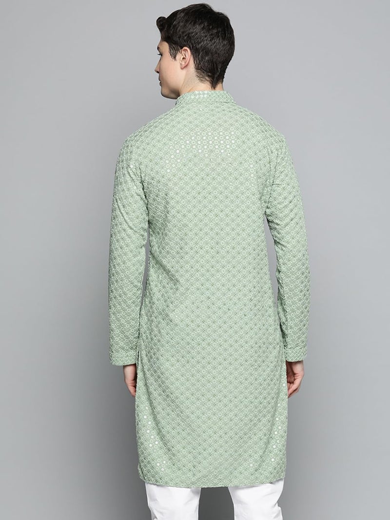 Jompers Men's Chikankari Embroidered and Sequence Kurtas (Pista, S) - Image 2