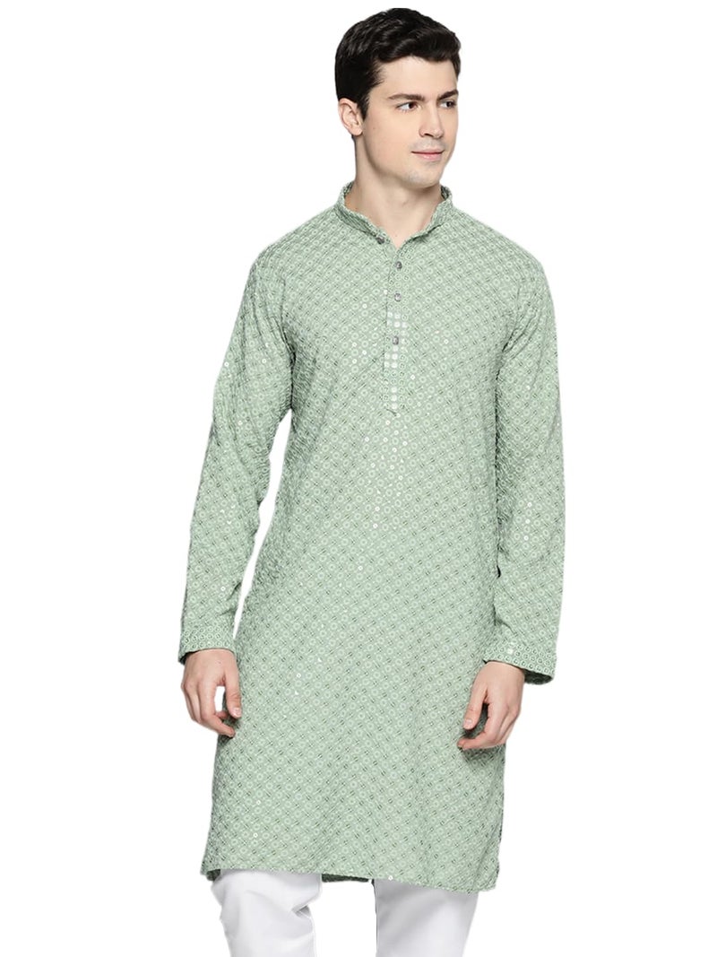 Jompers Men's Chikankari Embroidered and Sequence Kurtas (Pista, S) - Image 1